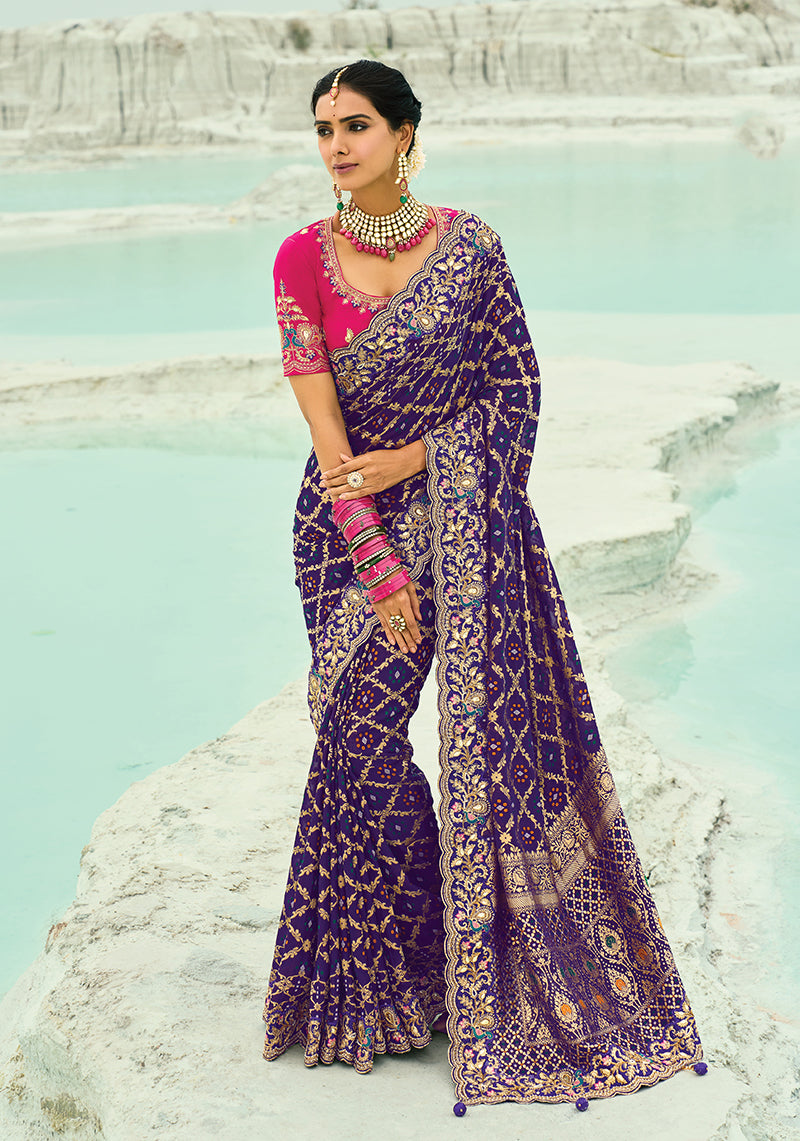 Monjolika Fashion Violet Embroidered Georgette Bandhej Designer Saree - Distacart