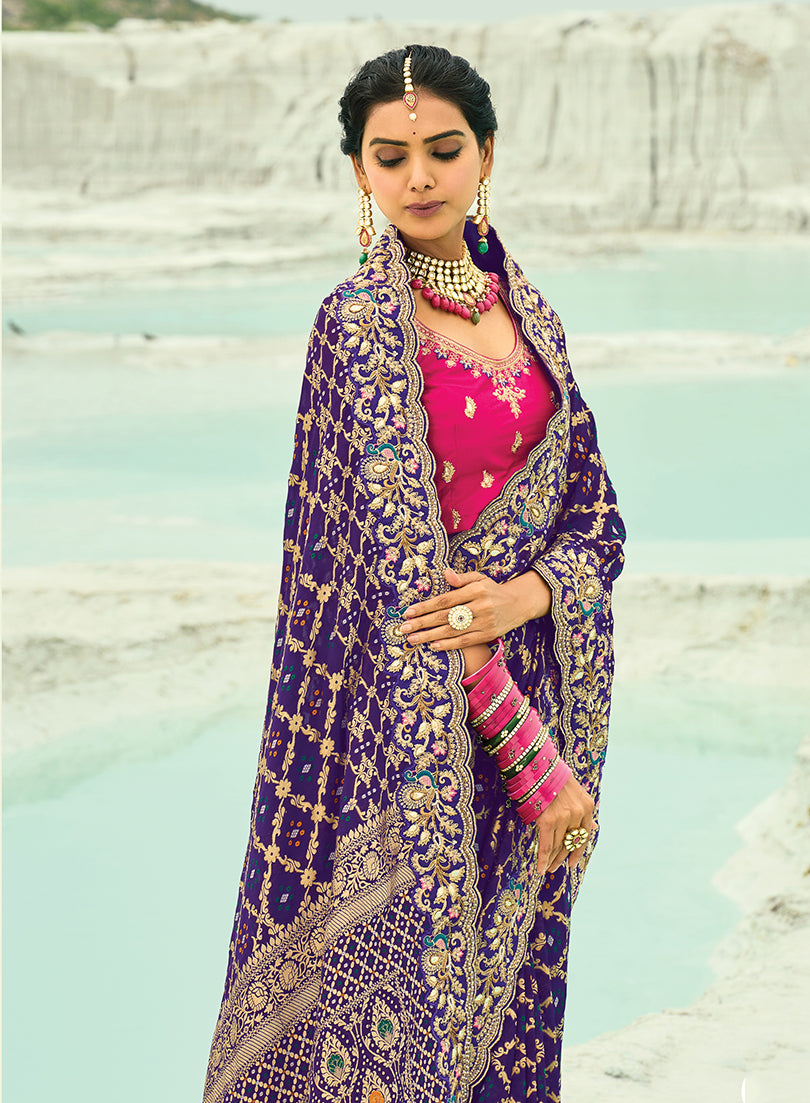 Monjolika Fashion Violet Embroidered Georgette Bandhej Designer Saree - Distacart