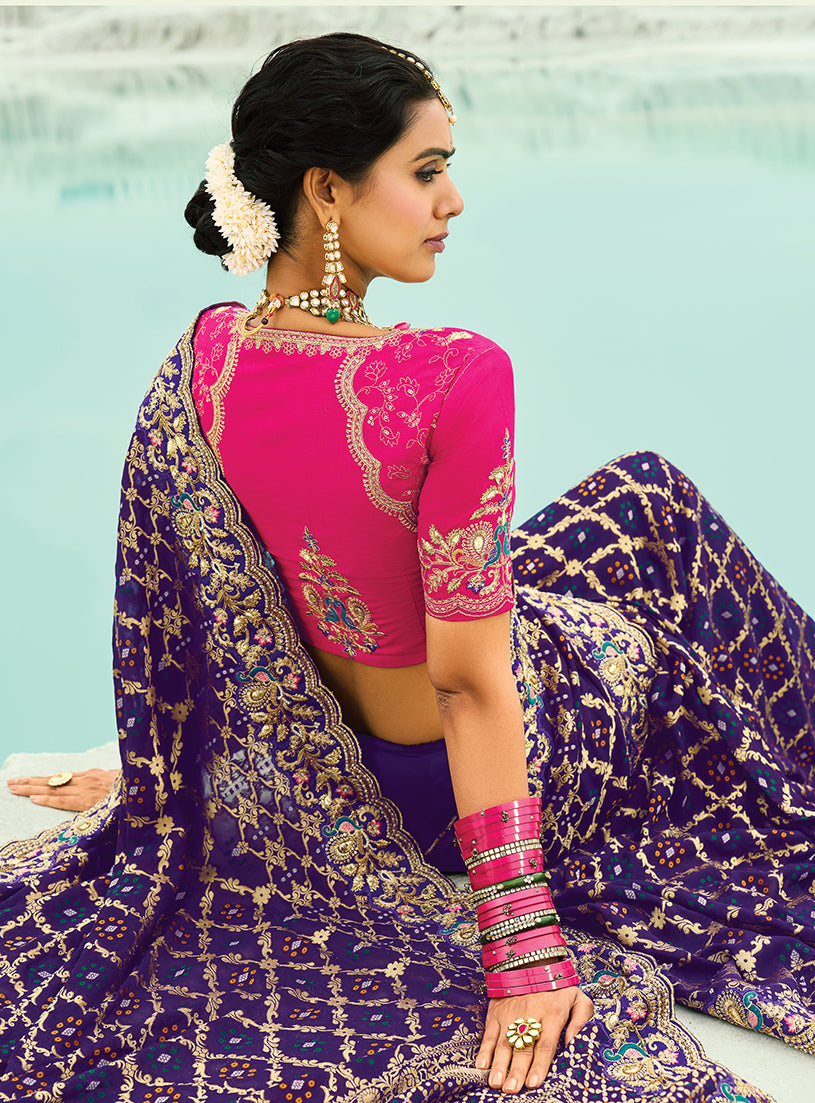 Monjolika Fashion Violet Embroidered Georgette Bandhej Designer Saree - Distacart