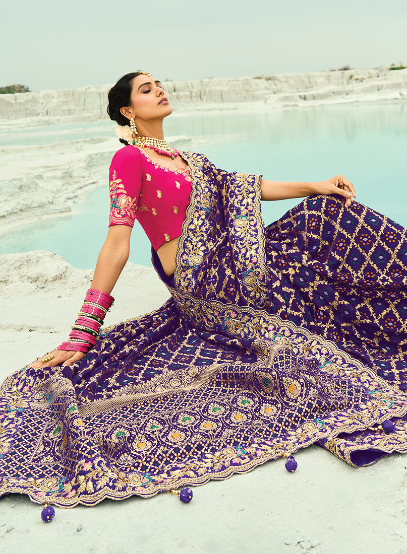 Monjolika Fashion Violet Embroidered Georgette Bandhej Designer Saree - Distacart