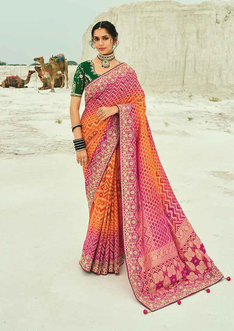 Monjolika Fashion Multicolor Embroidered Georgette Bandhej Designer Saree - Distacart