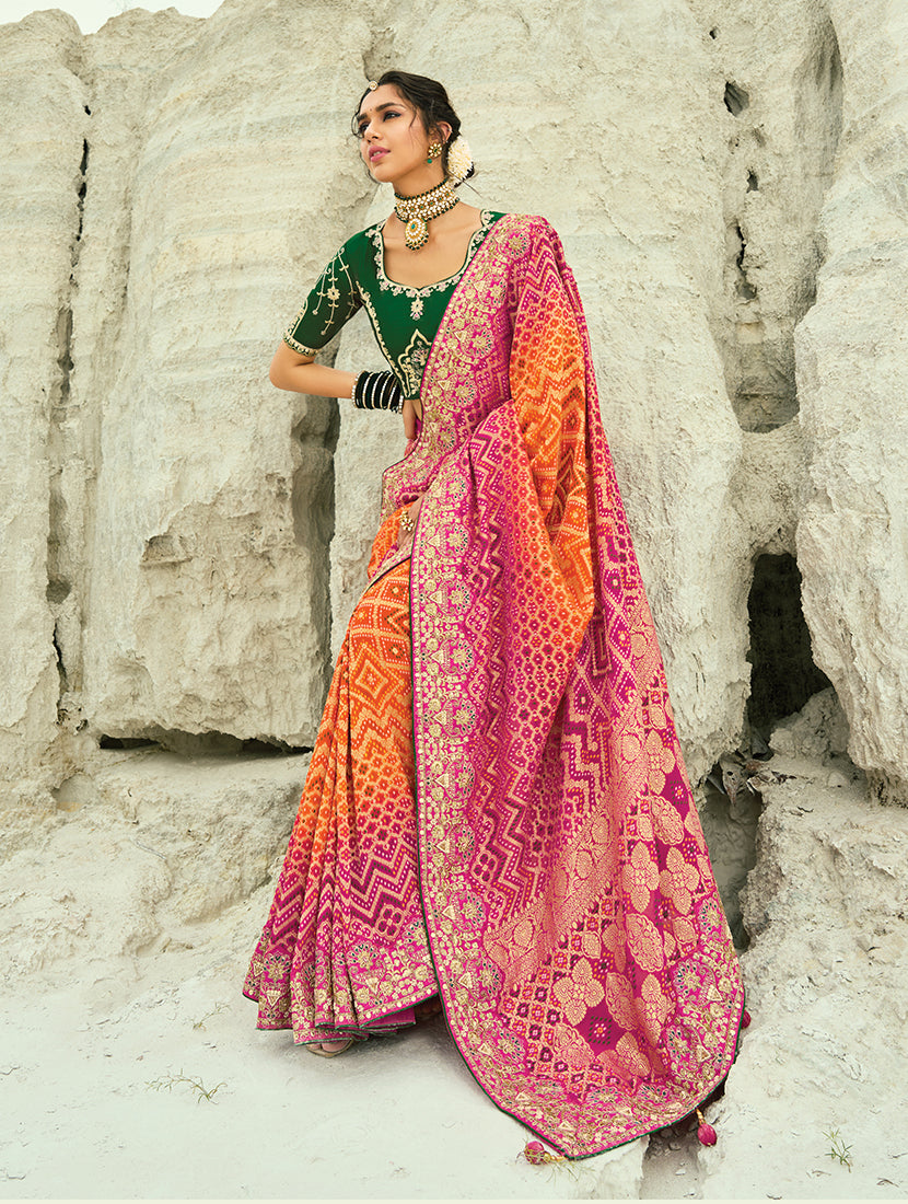 Monjolika Fashion Multicolor Embroidered Georgette Bandhej Designer Saree - Distacart