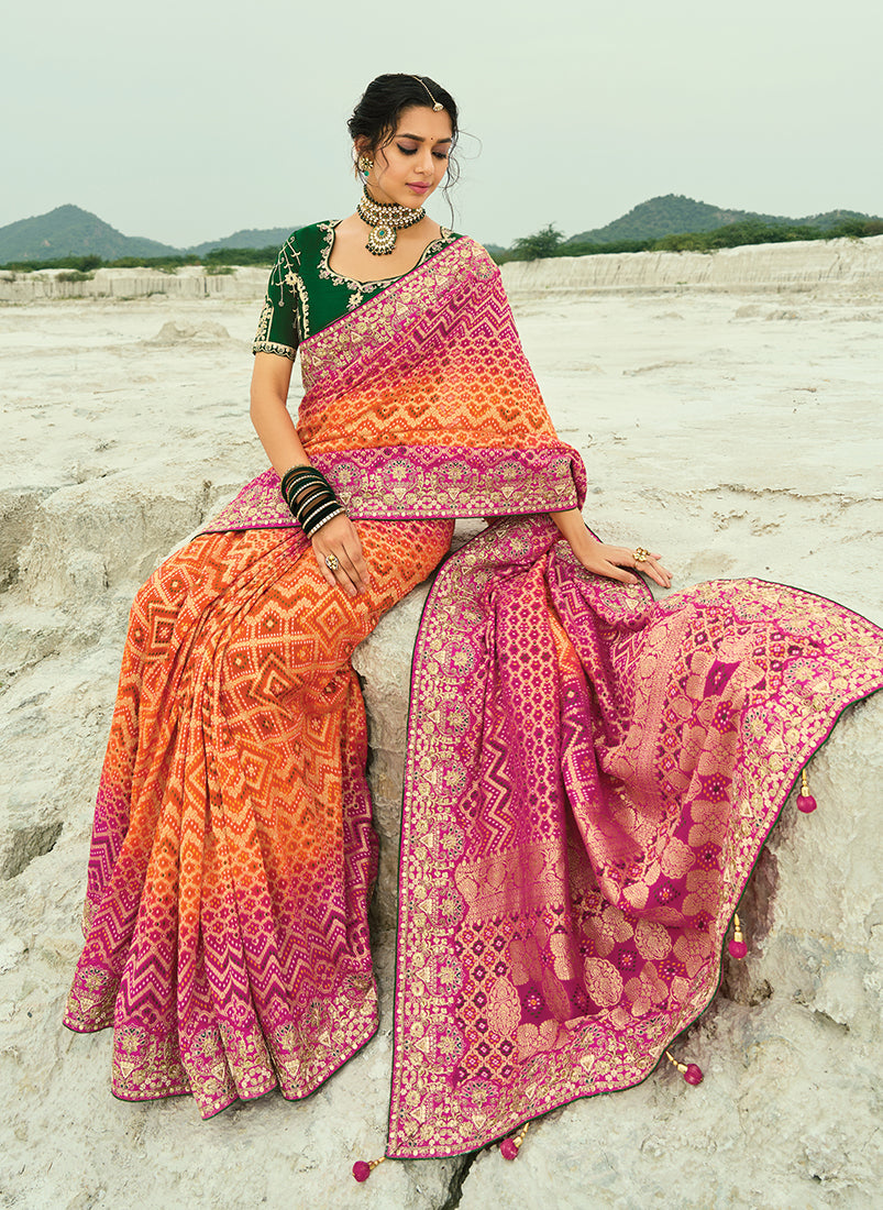Monjolika Fashion Multicolor Embroidered Georgette Bandhej Designer Saree - Distacart