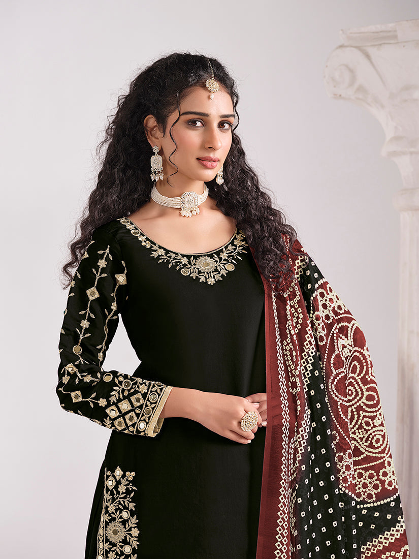 Monjolika Fashion Embroidered Chanderi Silk Black Mirror Work Salwar Kameez - Distacart