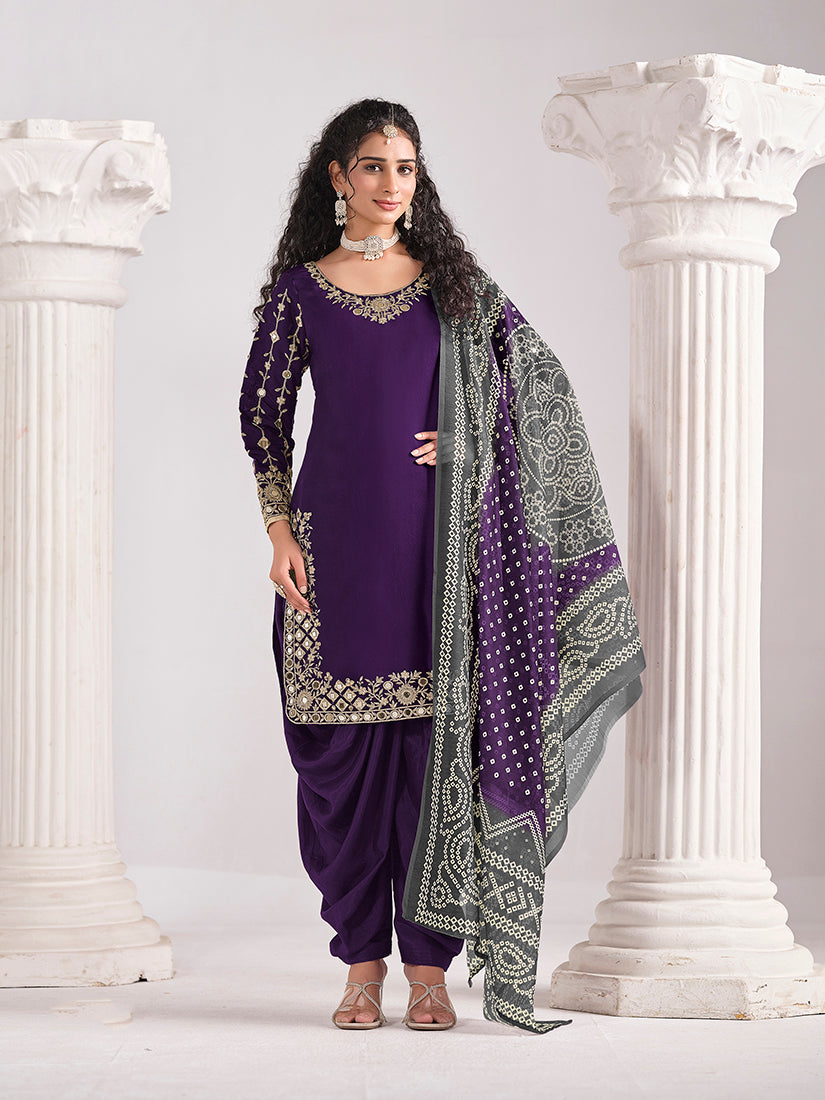 Monjolika Fashion Embroidered Chanderi Silk Purple Mirror Work Salwar Kameez - Distacart