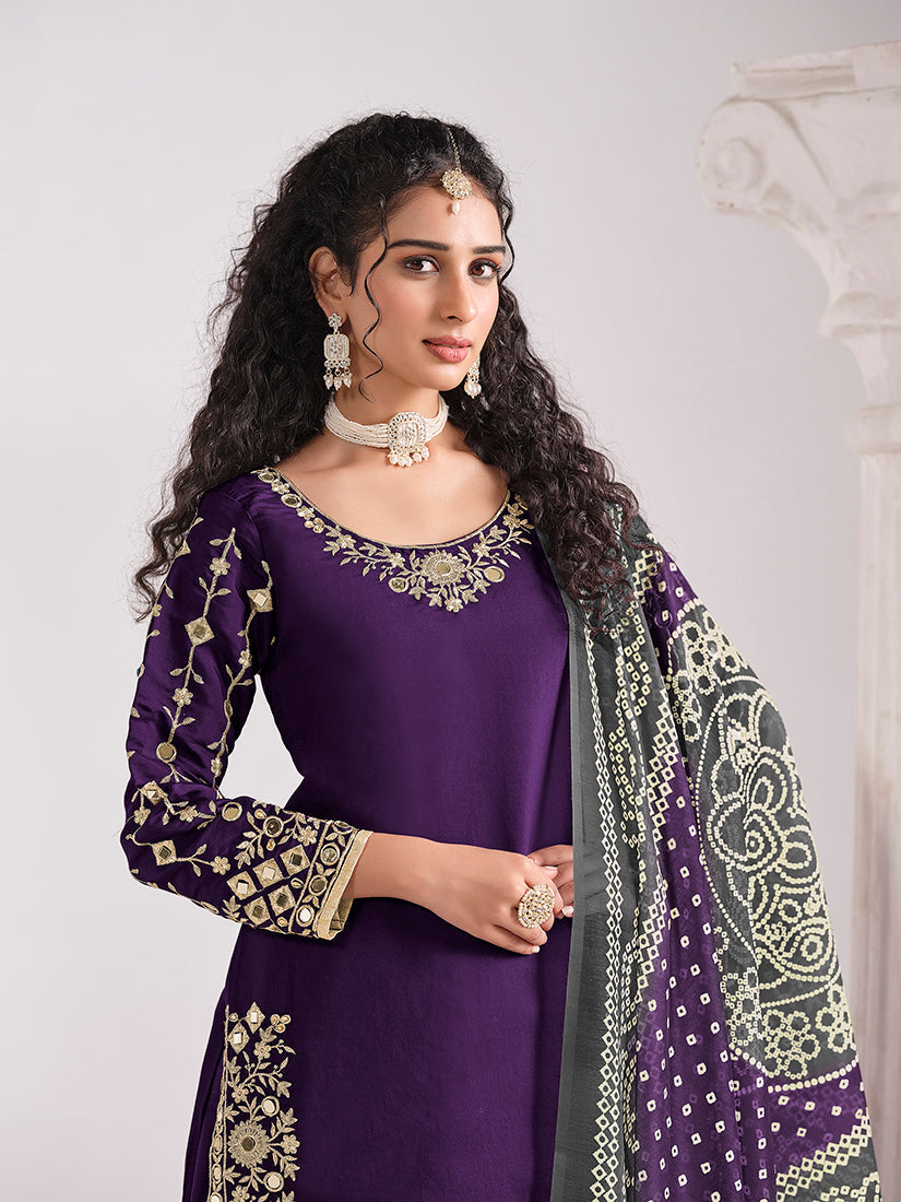 Monjolika Fashion Embroidered Chanderi Silk Purple Mirror Work Salwar Kameez - Distacart