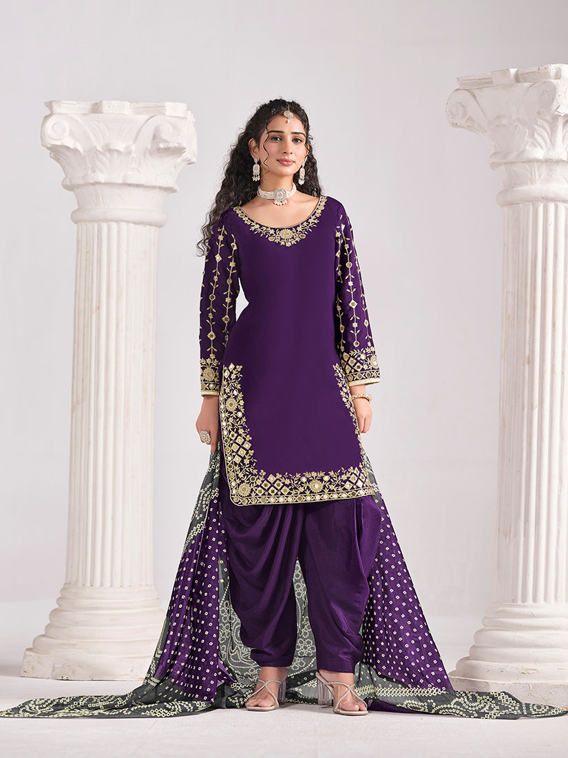Monjolika Fashion Embroidered Chanderi Silk Purple Mirror Work Salwar Kameez - Distacart