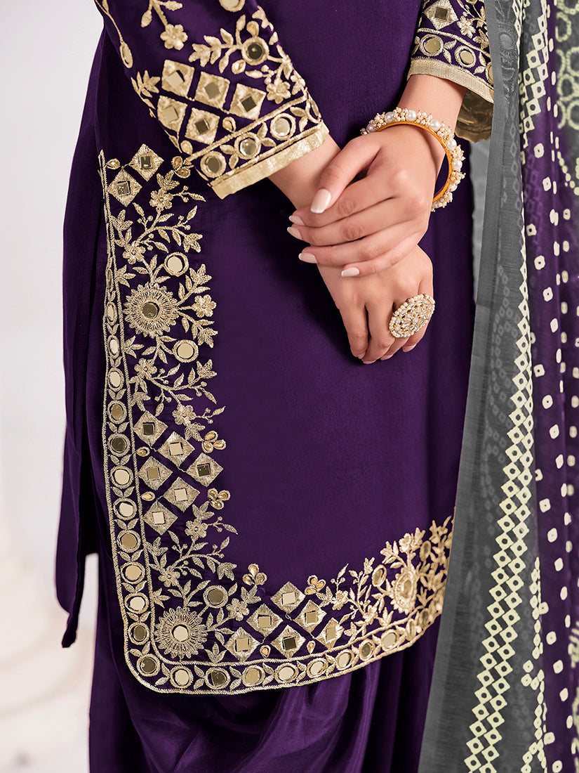 Monjolika Fashion Embroidered Chanderi Silk Purple Mirror Work Salwar Kameez - Distacart