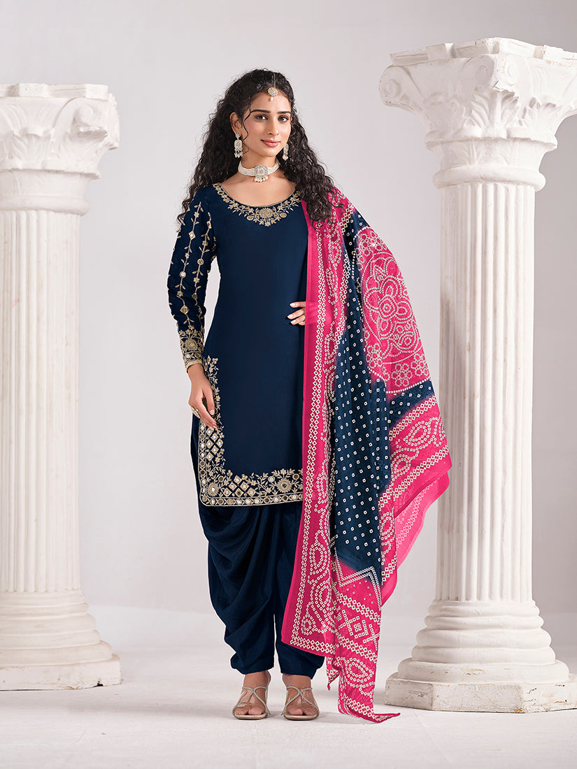Monjolika Fashion Embroidered Chanderi Silk Navy Blue Mirror Work Salwar Kameez - Distacart