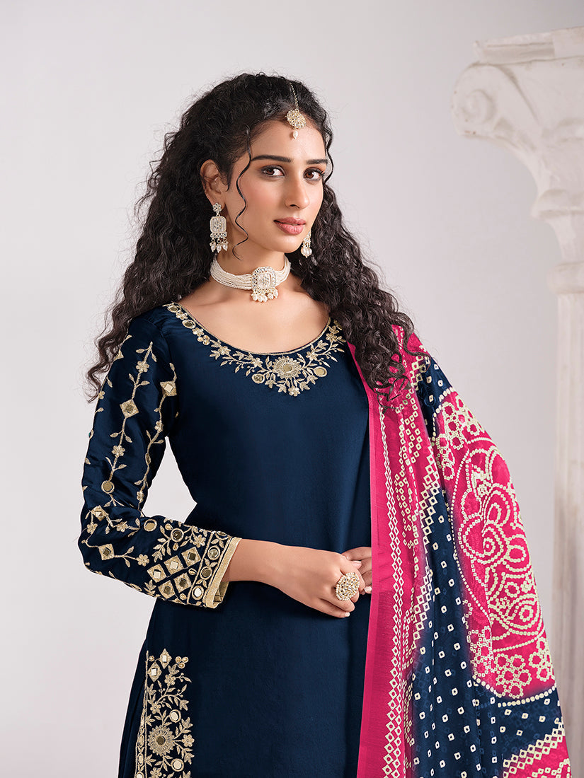 Monjolika Fashion Embroidered Chanderi Silk Navy Blue Mirror Work Salwar Kameez - Distacart