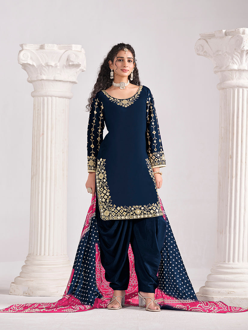 Monjolika Fashion Embroidered Chanderi Silk Navy Blue Mirror Work Salwar Kameez - Distacart