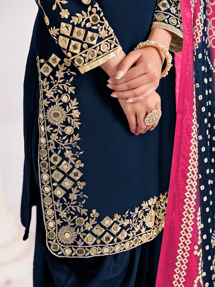 Monjolika Fashion Embroidered Chanderi Silk Navy Blue Mirror Work Salwar Kameez - Distacart