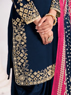 Monjolika Fashion Embroidered Chanderi Silk Navy Blue Mirror Work Salwar Kameez - Distacart