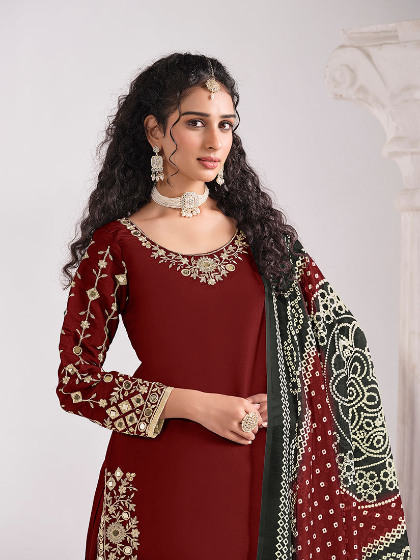 Monjolika Fashion Embroidered Chanderi Silk Maroon Mirror Work Salwar Kameez - Distacart