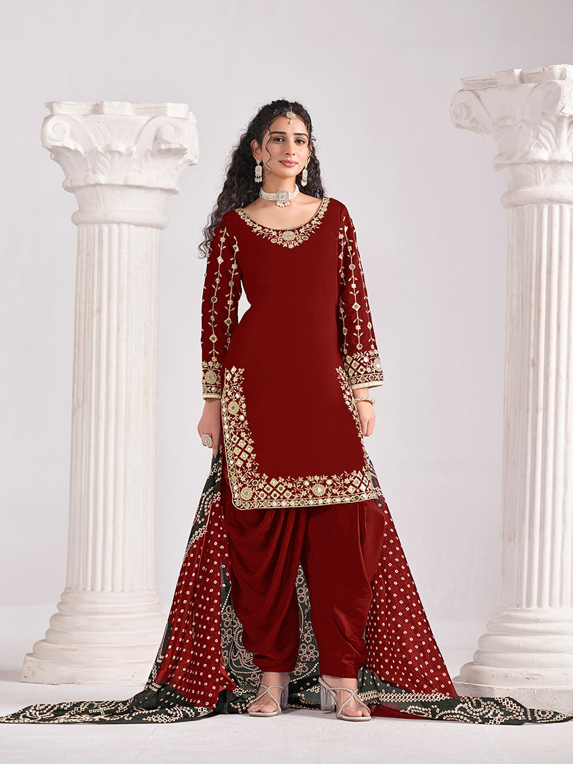 Monjolika Fashion Embroidered Chanderi Silk Maroon Mirror Work Salwar Kameez - Distacart