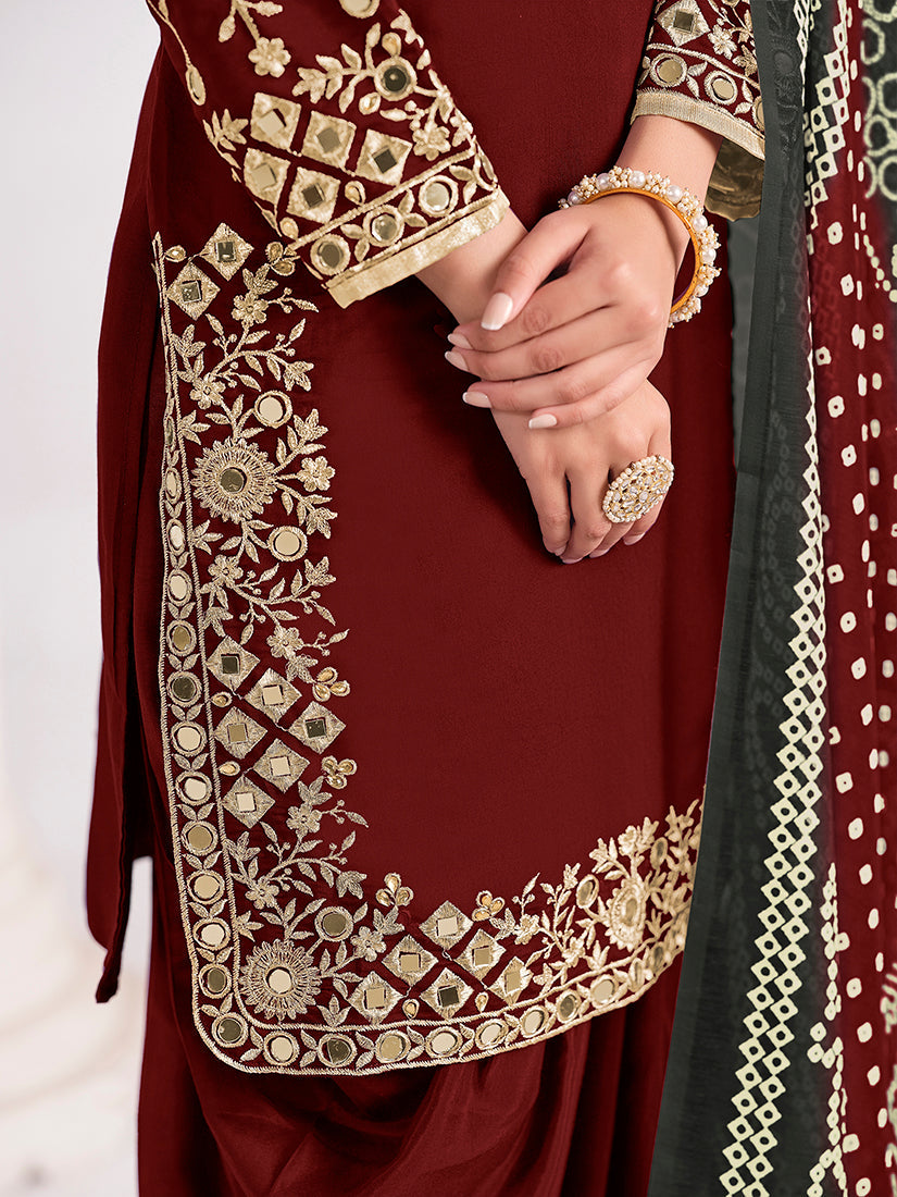 Monjolika Fashion Embroidered Chanderi Silk Maroon Mirror Work Salwar Kameez - Distacart