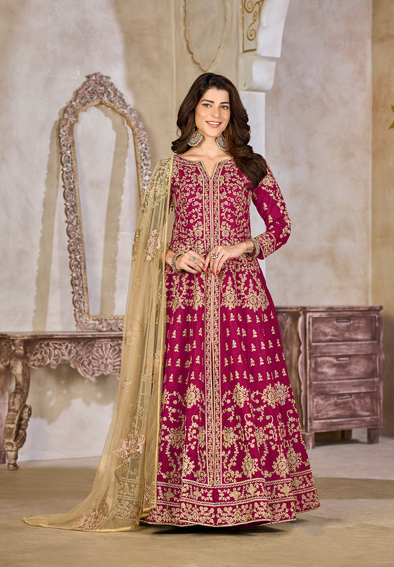 Monjolika Fashion Rani Pink Color Art Silk Embroidered Anarkali Salwar Kameez - Distacart