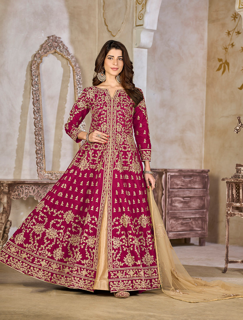 Monjolika Fashion Rani Pink Color Art Silk Embroidered Anarkali Salwar Kameez - Distacart