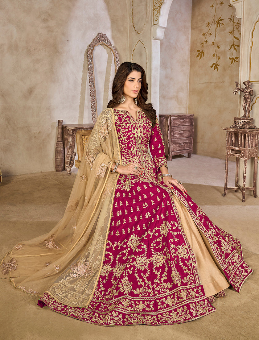 Monjolika Fashion Rani Pink Color Art Silk Embroidered Anarkali Salwar Kameez - Distacart