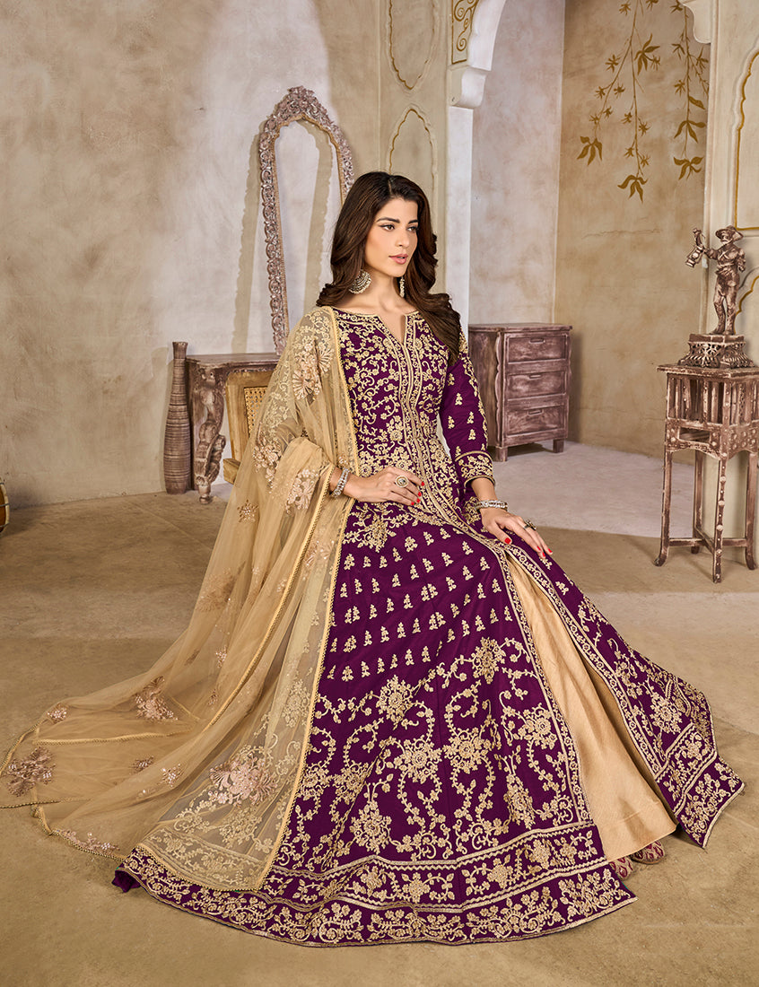 Monjolika Fashion Purple Color Art Silk Embroidered Anarkali Salwar Kameez - Distacart