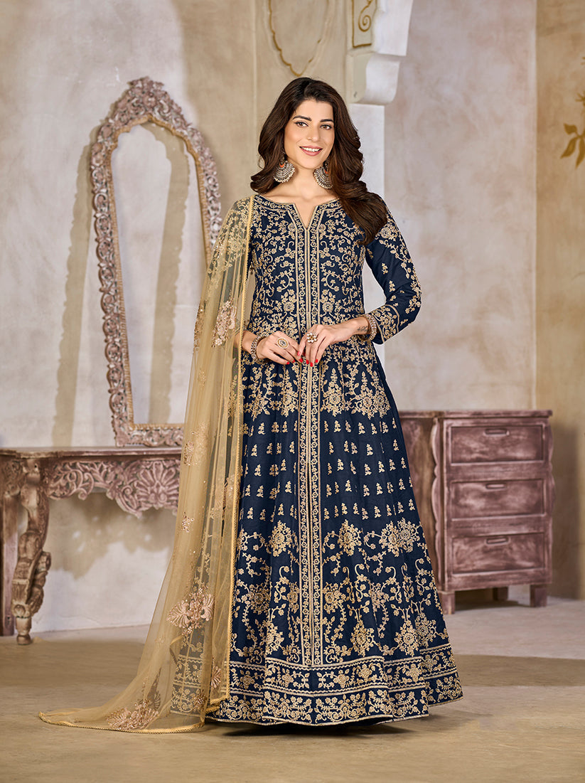 Monjolika Fashion Navy Blue Color Art Silk Embroidered Anarkali Salwar Kameez - Distacart
