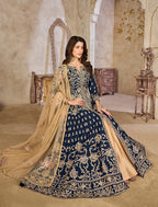 Monjolika Fashion Navy Blue Color Art Silk Embroidered Anarkali Salwar Kameez - Distacart