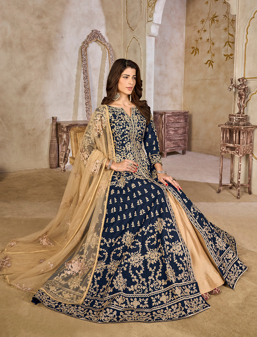 Monjolika Fashion Navy Blue Color Art Silk Embroidered Anarkali Salwar Kameez - Distacart