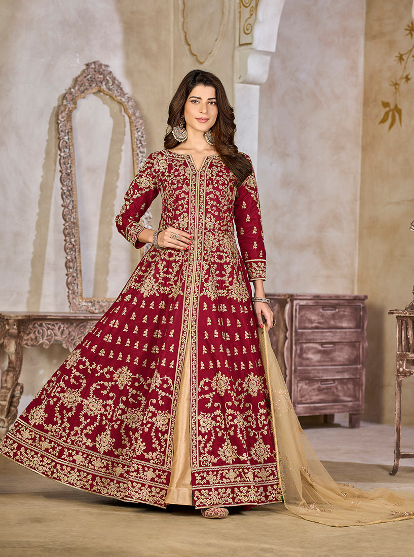 Monjolika Fashion Maroon Color Art Silk Embroidered Anarkali Salwar Kameez - Distacart