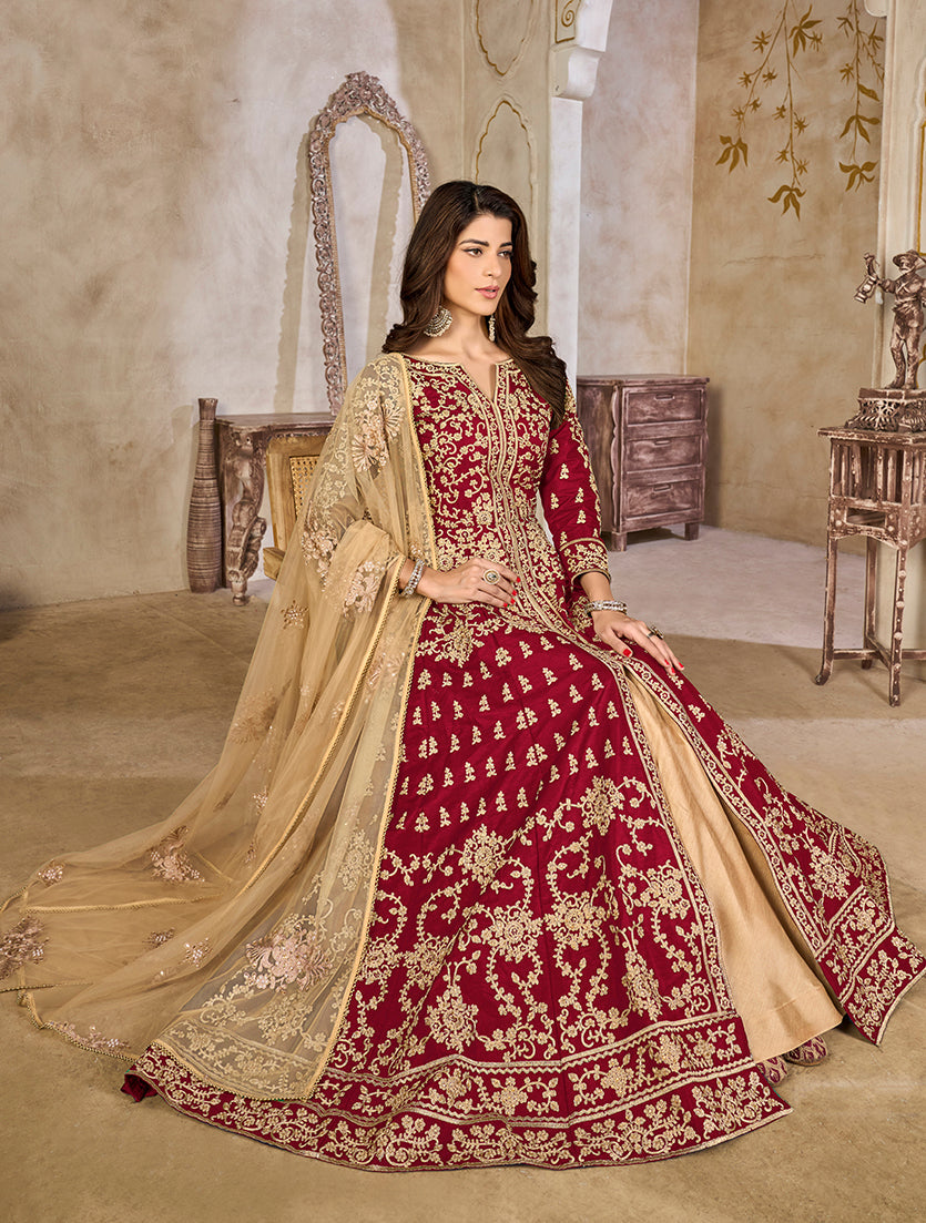 Monjolika Fashion Maroon Color Art Silk Embroidered Anarkali Salwar Kameez - Distacart