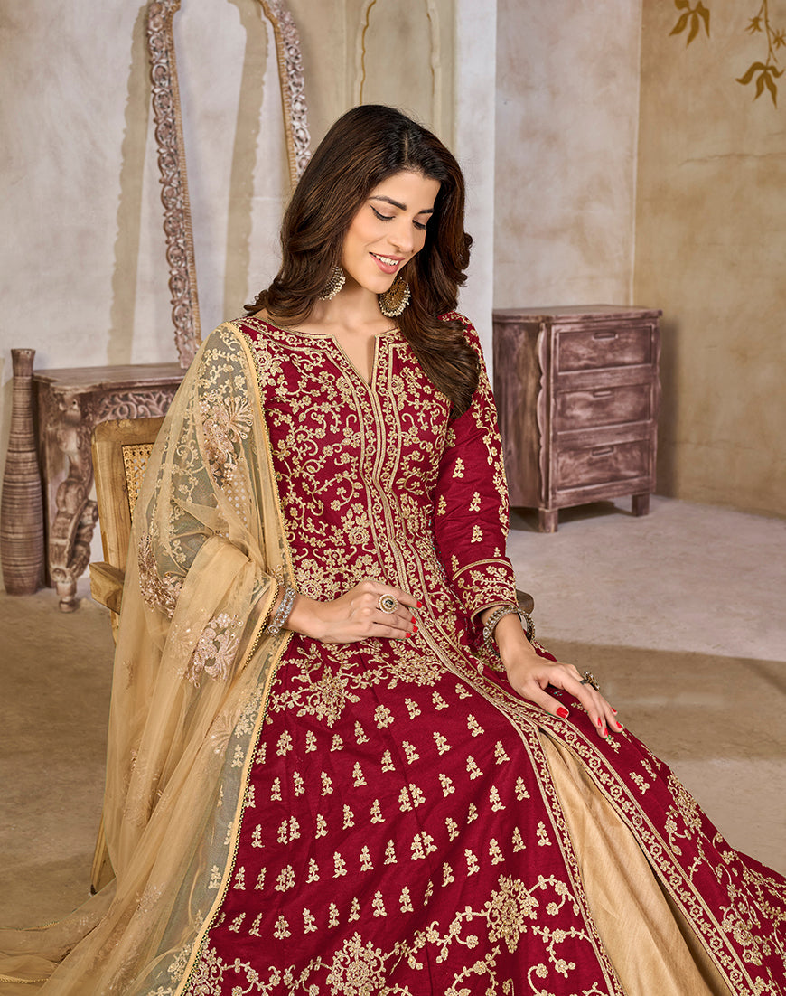 Monjolika Fashion Maroon Color Art Silk Embroidered Anarkali Salwar Kameez - Distacart
