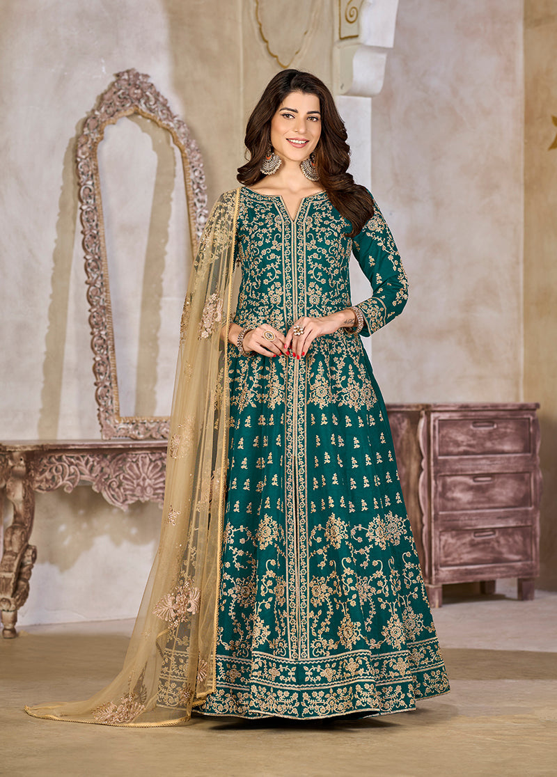 Monjolika Fashion Teal Color Art Silk Embroidered Anarkali Salwar Kameez - Distacart
