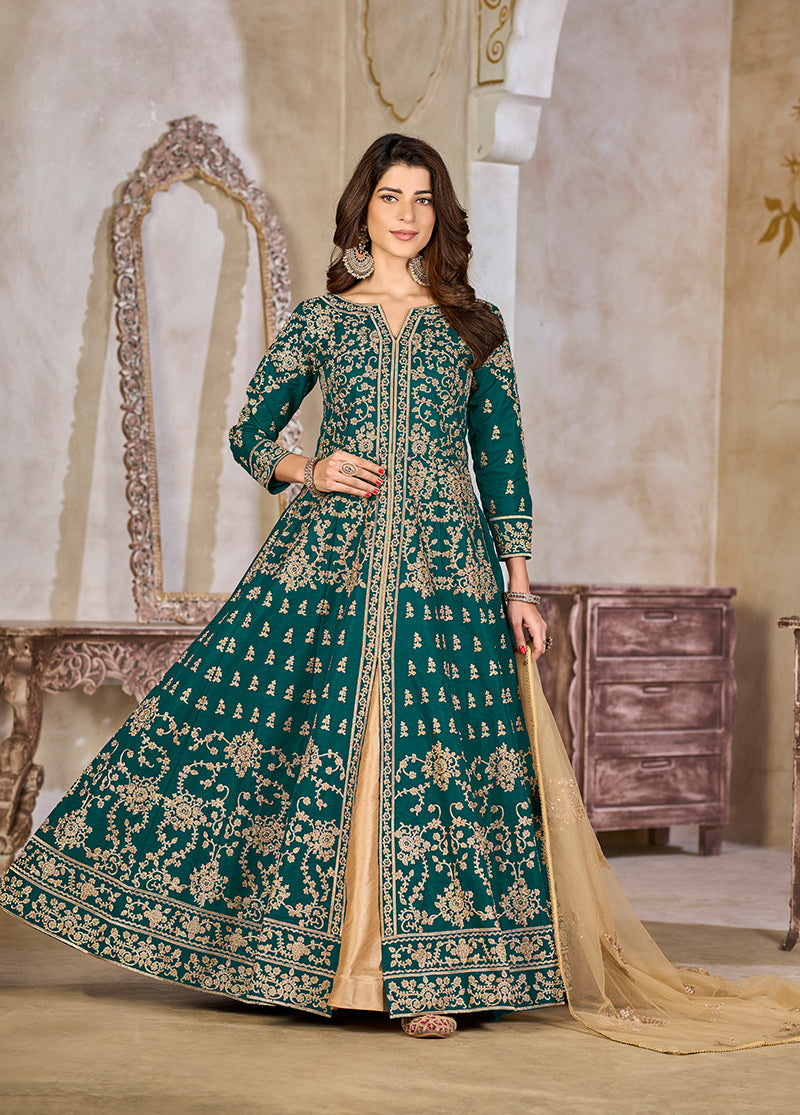 Monjolika Fashion Teal Color Art Silk Embroidered Anarkali Salwar Kameez - Distacart