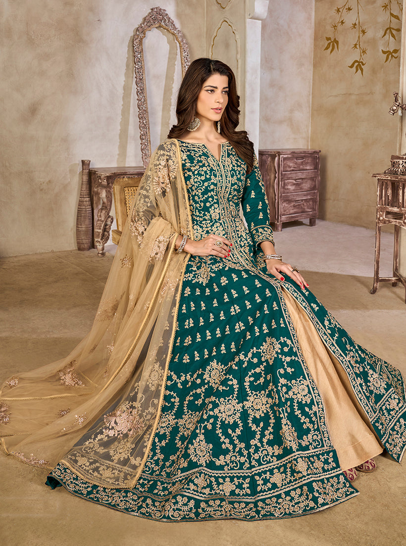 Monjolika Fashion Teal Color Art Silk Embroidered Anarkali Salwar Kameez - Distacart