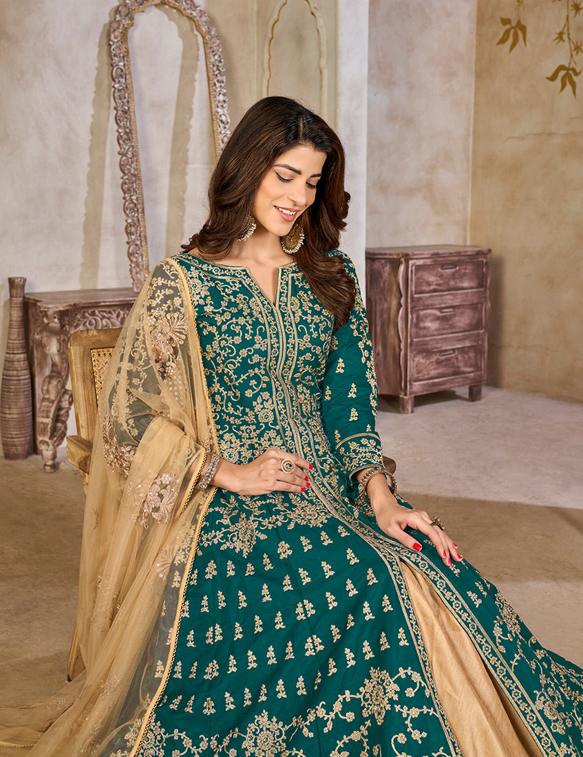 Monjolika Fashion Teal Color Art Silk Embroidered Anarkali Salwar Kameez - Distacart
