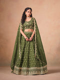 Monjolika Fashion Organza Embroidered Olive Green Designer Long Lehenga Choli