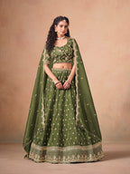Monjolika Fashion Organza Embroidered Olive Green Designer Long Lehenga Choli