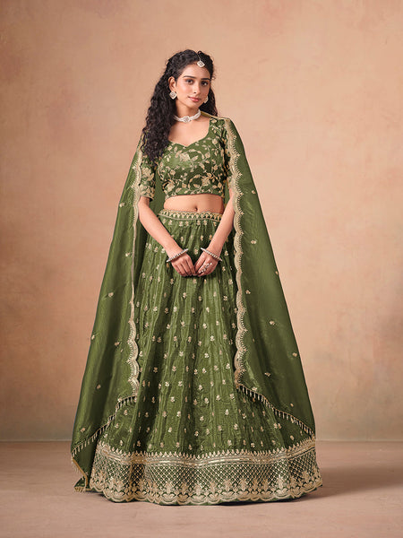 Monjolika Fashion Organza Embroidered Olive Green Designer Long Lehenga Choli