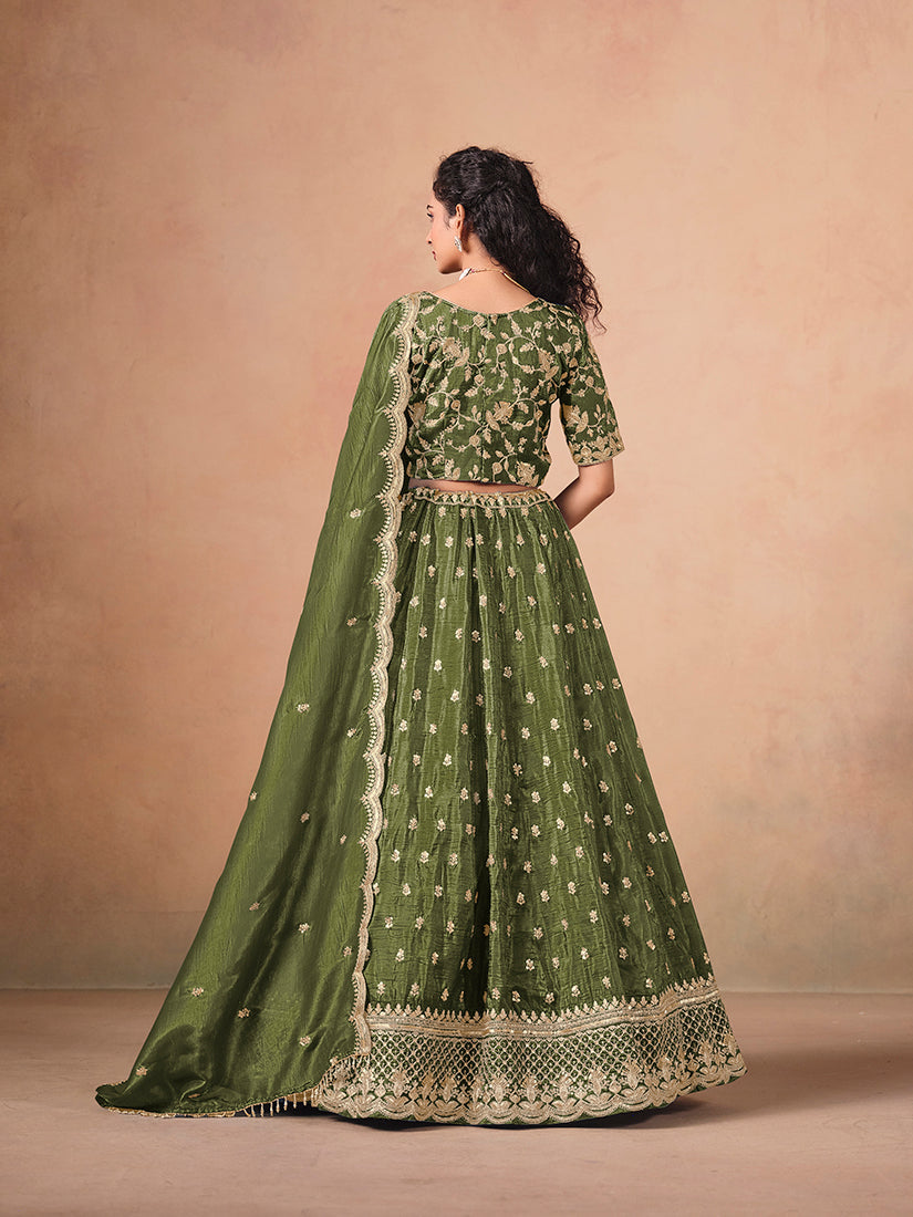 Monjolika Fashion Organza Embroidered Olive Green Designer Long Lehenga Choli
