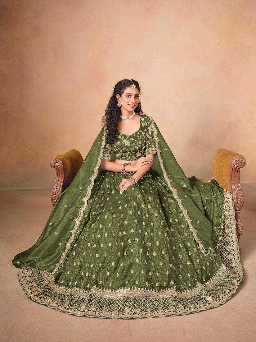 Monjolika Fashion Organza Embroidered Olive Green Designer Long Lehenga Choli