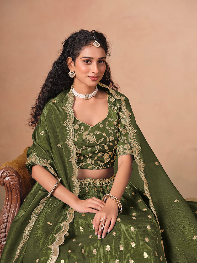 Monjolika Fashion Organza Embroidered Olive Green Designer Long Lehenga Choli