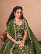 Monjolika Fashion Organza Embroidered Olive Green Designer Long Lehenga Choli