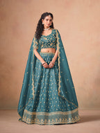 Monjolika Fashion Organza Embroidered Teal Blue Designer Long Lehenga Choli