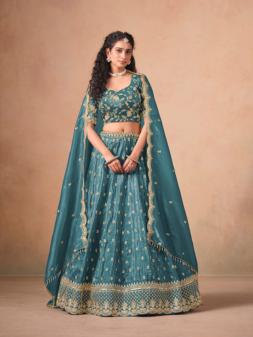 Monjolika Fashion Organza Embroidered Teal Blue Designer Long Lehenga Choli