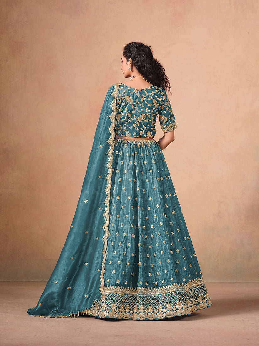 Monjolika Fashion Organza Embroidered Teal Blue Designer Long Lehenga Choli