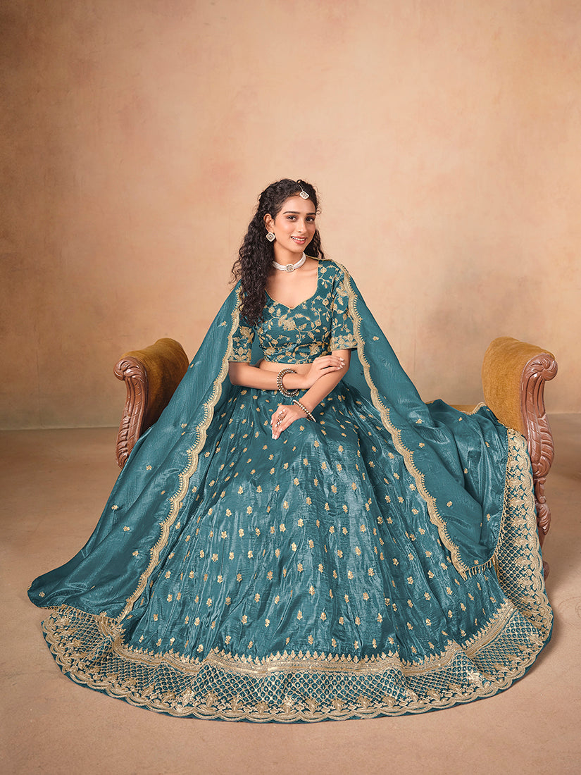 Monjolika Fashion Organza Embroidered Teal Blue Designer Long Lehenga Choli