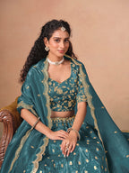 Monjolika Fashion Organza Embroidered Teal Blue Designer Long Lehenga Choli