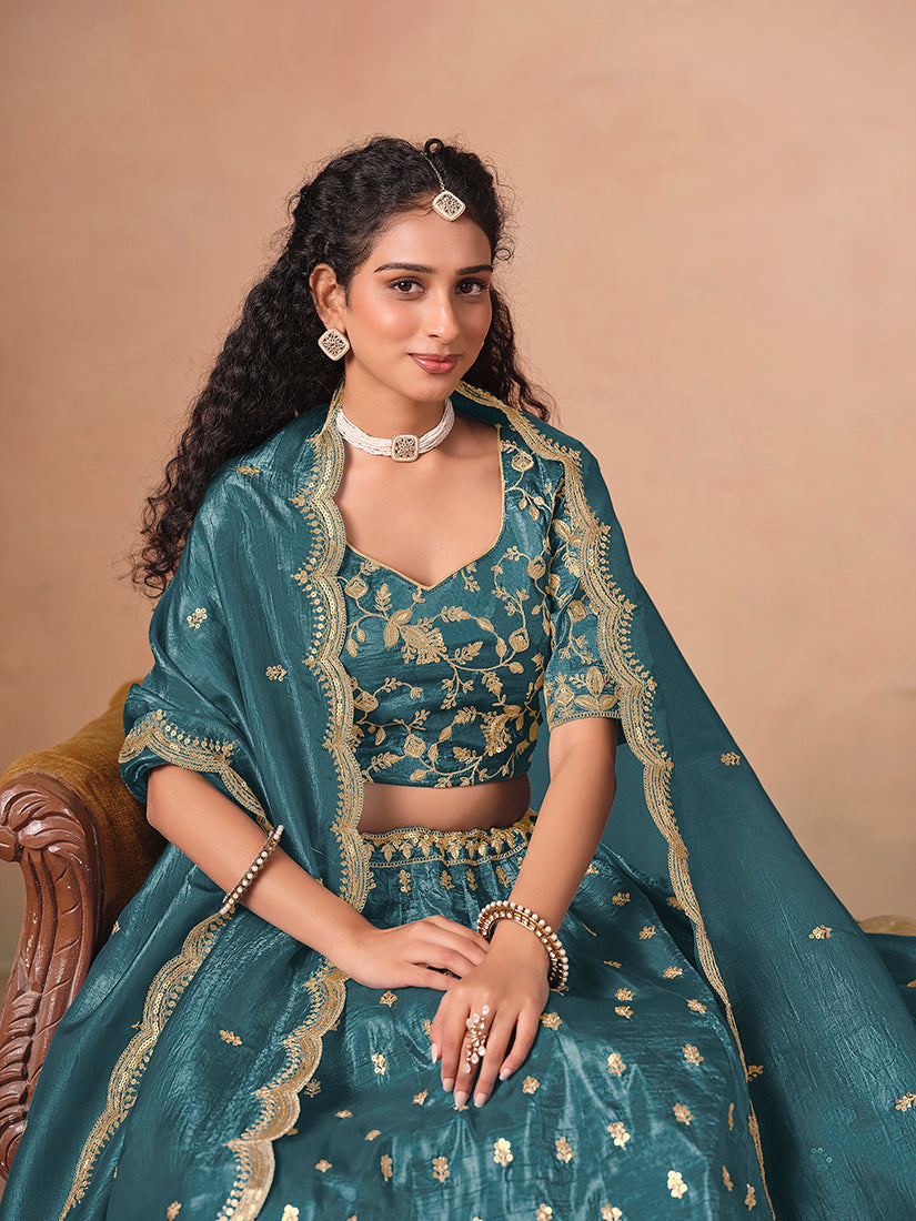Monjolika Fashion Organza Embroidered Teal Blue Designer Long Lehenga Choli