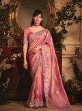 Monjolika Fashion Designer Pink Tissue Organza Saree With All Over Butta Work & Heavy Stone Embellished Border - Distacart