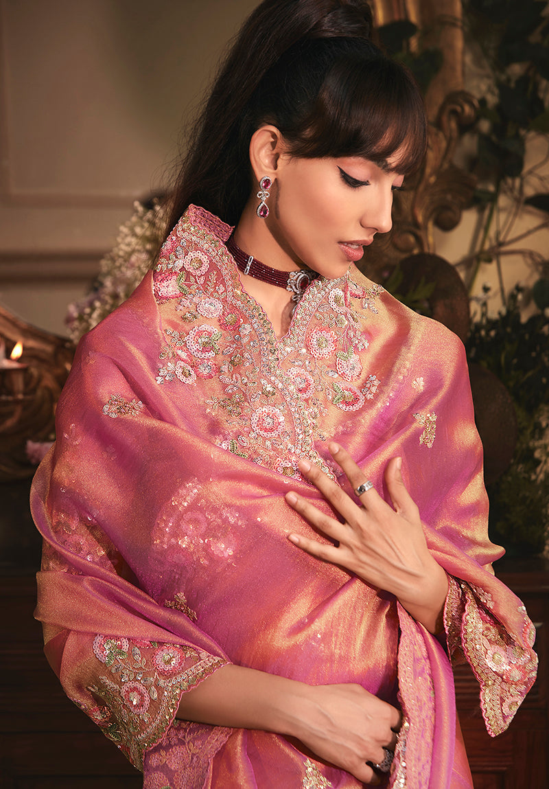 Monjolika Fashion Designer Pink Tissue Organza Saree With All Over Butta Work & Heavy Stone Embellished Border - Distacart