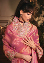 Monjolika Fashion Designer Pink Tissue Organza Saree With All Over Butta Work & Heavy Stone Embellished Border - Distacart